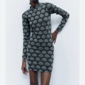 ZARA XS/S Jacquard Navy Blue Seashell Metallic High Neck Open Back Bodycon Dress